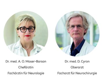 Dr. med. A. O. Moser-Barsan, Chefärztin für Neurologie, und Dr. med. D. Cyron, Oberarzt für Neurochirurgie, in professioneller Kleidung.