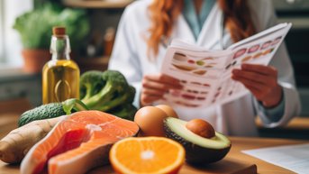 Eine Person in einem weißen Kittel hält ein Informationsblatt und betrachtet eine Auswahl an Lebensmitteln, darunter Lachs, Avocado, Orange, Eier, Gemüse und Olivenöl, die auf einem Holztisch angeordnet sind.