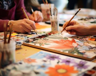 Hände, die mit Pinsel und Wasserfarben an einem Kunstwerk mit Blumenmotiven arbeiten. Farbpaletten und Pinsel sind sichtbar.