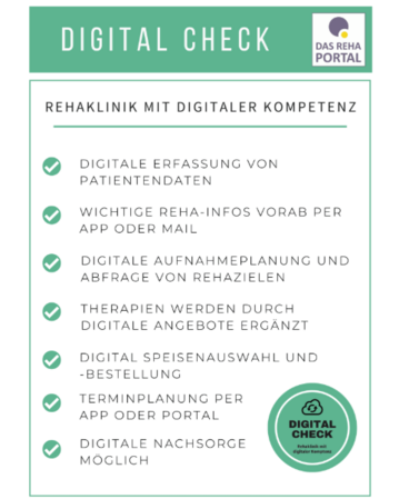 Digitaler Check für Rehaklinik mit digitalen Kompetenzen, einschließlich Patientenregistrierung, Therapieinformationen und Terminplanung.