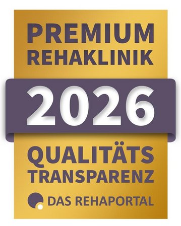 Premium Rehaklinik 2026 Auszeichnung für Qualitäts-Transparenz, vergeben von Das Rehaportal.
