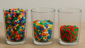 Drei Gläser mit bunten Perlen in verschiedenen Farben und Mengen, angeordnet von links nach rechts mit zunehmender Füllhöhe.