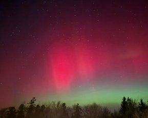 Nordlichter in leuchtenden Rot- und Grüntönen über einem Wald, mit einem Gebäude im Vordergrund. Sternenhimmel im Hintergrund.