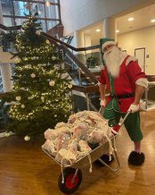 Ein Weihnachtsmann steht neben einem geschmückten Baum und schiebt eine Schubkarre voller Geschenke in einem festlichen Innenraum.