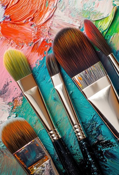 Fünf Pinsel liegen auf einer bunten Farbpalette mit kräftigen Farbtönen, die in verschiedenen Texturen und Mustern angeordnet sind.