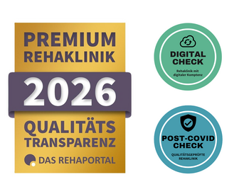 Premium Rehaklinik 2026, Qualitäts-Transparenz, mit den Siegeln "Digital Check" und "Post-Covid Check" für geprüfte Qualität.