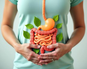 Eine Person hält ihren Bauch, umgeben von einer grafischen Darstellung des Verdauungssystems und grünen Blättern.