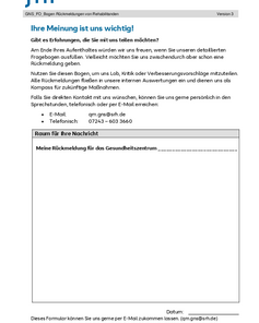 Fragebogen zur Rückmeldung über Erfahrungen im Gesundheitszentrum, inklusive Kontaktinformationen und Platz für persönliche Anmerkungen.